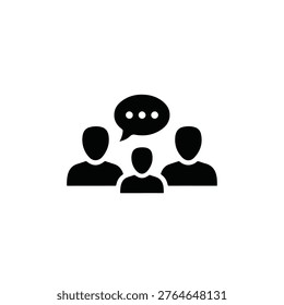 A simple black and white icon depicting three people with a speech bubble above them, indicating a conversation or discussion.