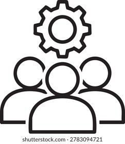A simple black and white icon depicting three people with a gear above them, likely representing teamwork or mechanical advantage, in a minimalist style with clean lines and solid colors
