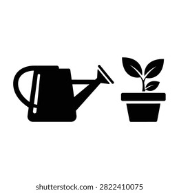 A simple black and white icon depicting a watering can next to a potted plant.