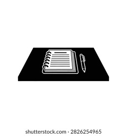 A simple black and white icon depicting an open notebook with lines and a pen placed beside it on a flat surface.