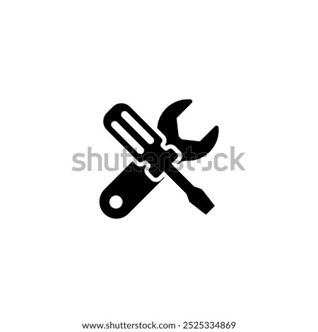 A simple black and white icon depicting a crossed wrench and screwdriver, representing repair, maintenance, or technical support services