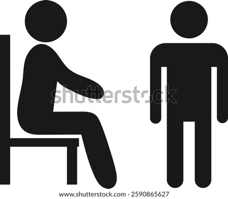 Simple black and white icon depicting a person sitting in a chair and another person standing.
