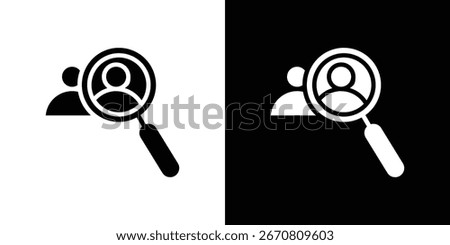 Simple black and white icon depicting a magnifying glass over a person, symbolizing search, selection, or recruitment.