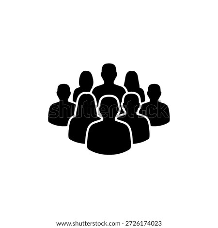 A simple black and white icon depicting a group of diverse people, representing community, team, or social gathering