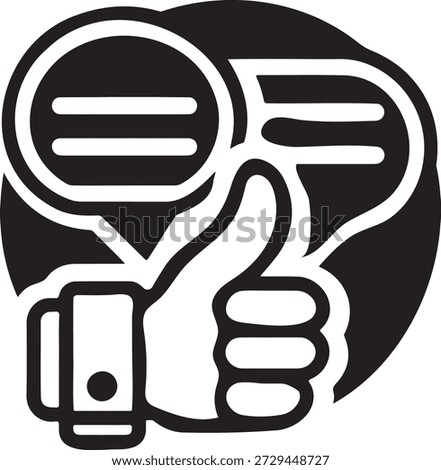 A simple black and white icon depicting a thumbs up gesture combined with speech bubbles, symbolizing positive feedback and communication.