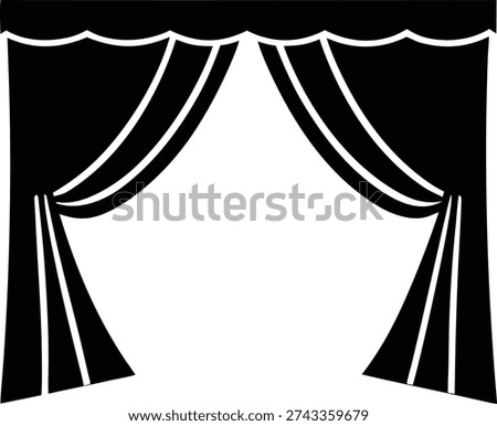A simple black and white icon depicting open stage curtains, creating a theatrical frame with classic drapes.