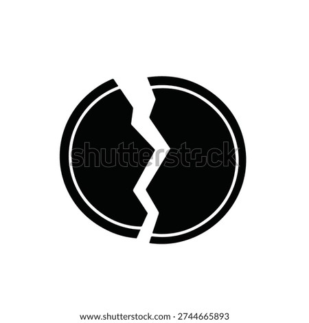 A simple black and white icon depicting a cracked circle, symbolizing brokenness or damage. isolated on white background, Vector, illustration