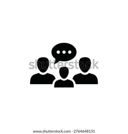 A simple black and white icon depicting three people with a speech bubble above them, indicating a conversation or discussion.