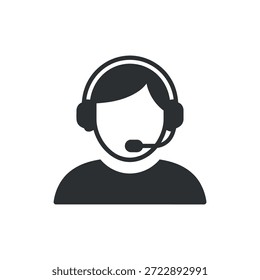 Un simple ícono en blanco y negro representa a una persona que lleva un auricular con un micrófono que representa los servicios de Asistencia al cliente o comunicación