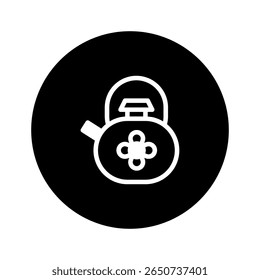 Simple black and white icon design of a kettle with a clover symbol for tea time illustration