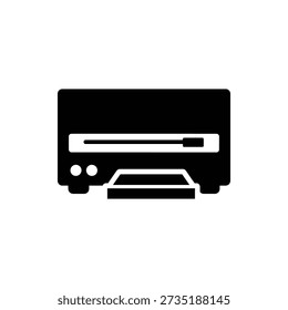 Simple black and white icon of a desktop printer with paper tray