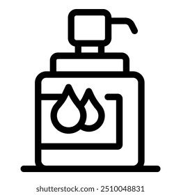 Simple black and white icon of a dispenser bottle for liquid soap or hand sanitizer with a pump, isolated on a white background
