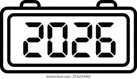 Un simple icono en blanco y negro que muestra el año 2026 en una fuente de segmento digital, establecida dentro de un marco rectangular, lo que sugiere un calendario, temporizador o concepto de fecha futura.