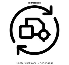 Icono blanco y negro simple que muestra un camión de entrega dentro de un proceso de reciclaje circular.