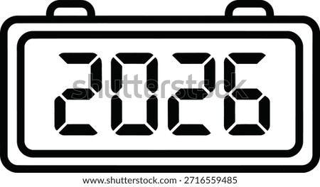 A simple black and white icon displaying the year 2026 in a digital segment font, set within a rectangular frame, suggesting a calendar, timer, or future date concept.
