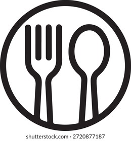 Simple black and white icon displays a fork and spoon together within a circular frame symbolizing dining and eating utensils.