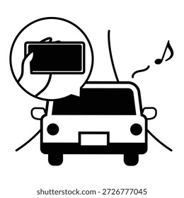 Icono blanco y negro simple de conducción distraída - Un coche que conduce mientras mira un teléfono inteligente