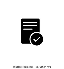 Ícone simples em preto-e-branco de um documento com uma marca de seleção indicando aprovação ou conclusão.