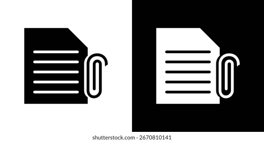 Simple black and white icon of a document attached with a paperclip. Suitable for website or app design.