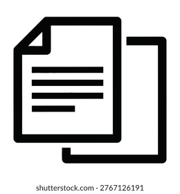 A simple black and white icon of a document with lines on paper, symbolizing writing or reading, on a plain background, useful for business, education, or office concepts.