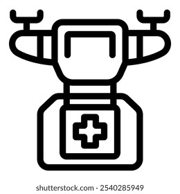 Simple black and white icon of a drone delivering a first aid kit, ideal for topics like healthcare technology and emergency response