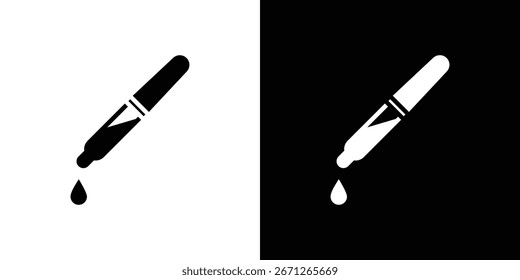 Sencillo icono en blanco y negro de un gotero dispensando una sola gota de líquido. Aislado en ambos fondos blancos y negros.