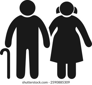 Simple black and white icon of an elderly couple holding hands.