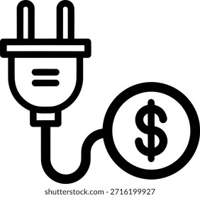 Un simple ícono en blanco y negro de un enchufe eléctrico conectado a un signo de dólar, que simboliza el costo de la electricidad o el ahorro financiero a través de la eficiencia energética.
