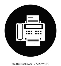 Simple black and white icon of a fax machine with paper sheets printing