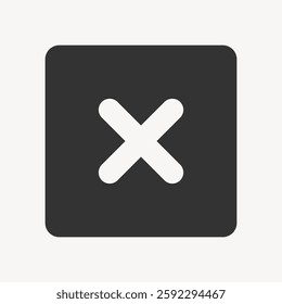 A simple black and white icon featuring a bold 'X' symbol. The 'X' icon is centered in a square, representing a close or cancel button in digital interfaces. User interface icon vector.