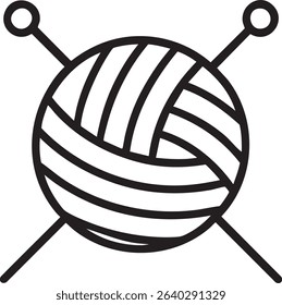 A simple black and white icon featuring a ball of yarn crossed with knitting needles, symbolizing knitting and crafting.