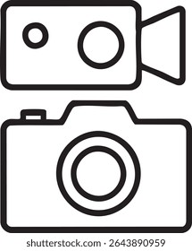 A simple black and white icon featuring a camera and camcorder, stacked, in a minimalist outline style, representing photography and videography.