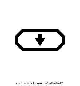Um ícone simples em preto-e-branco com uma seta para baixo centralizada em uma forma octogonal.