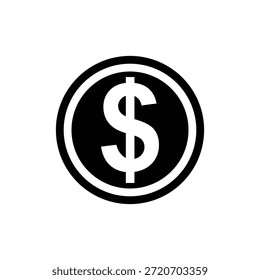 Um ícone simples em preto e branco com um cifrão dentro de um círculo, posicionado sobre um plano de fundo plano, representando finanças e comércio.