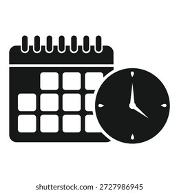 A simple black and white icon featuring a calendar and a clock, illustrating the concept of time management, scheduling, or planning. The calendar has a grid layout representing dates, while the analog clock indicates a specific time. This graphic is suitable for use in applications, websites, or documents related to appointments, events, or deadlines.
