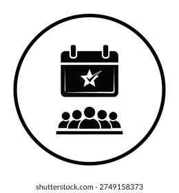 Simple black and white icon featuring calendar with star and group of people inside a circle symbolizing event scheduling and teamwork