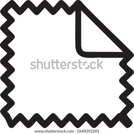 A simple, black and white icon featuring a fabric swatch with a folded corner and zigzag edges.
