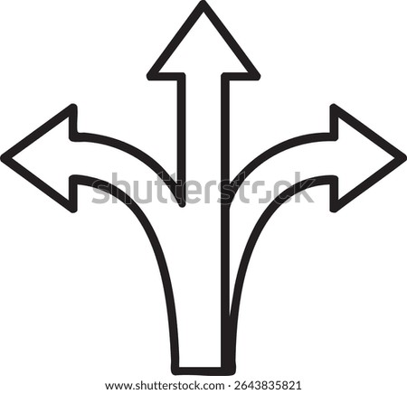 A simple black and white icon featuring three arrows pointing in different directions: up, left, and right, suggesting choices.