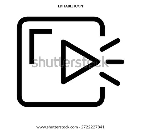 Simple black and white icon featuring a play button breaking out of a square with rays.