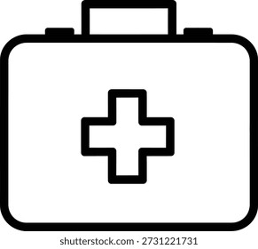 Um simples ícone preto e branco de um kit de primeiros socorros com uma cruz na frente, simbolizando cuidados médicos e preparação para emergências.