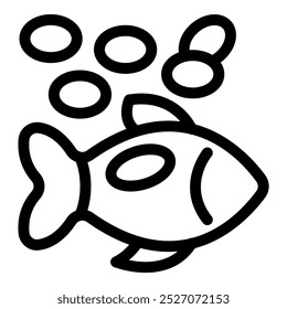 Simple black and white icon of a fish swimming peacefully surrounded by bubbles in aquarium water