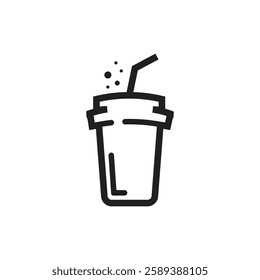 Simple black and white icon of a fizzy drink with a straw in a glass
