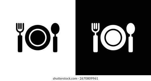 Simple black and white icon of a fork, plate, and spoon. Isolated on white and black backgrounds.