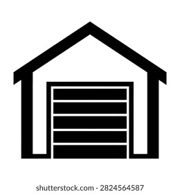 Simple black and white icon of a garage door with a gable roof, modern design element