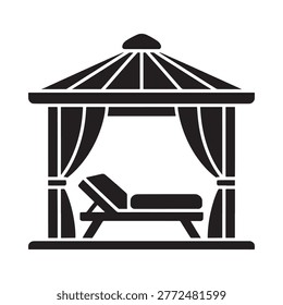 Simple black and white icon of a gazebo with a lounge chair