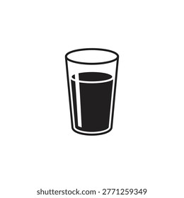Simple black and white icon of a glass cup partially filled with dark liquid resembling coffee or tea