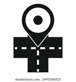 Icono simple en blanco y negro de un pin gps que indica una ubicación en una carretera