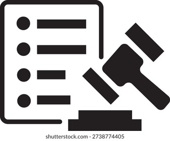 Simple black and white icon graphic symbolizing legal regulations official requirements compliance checklists and judicial rulings being enacted through formal procedure.