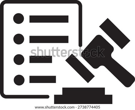 Simple black and white icon graphic symbolizing legal regulations official requirements compliance checklists and judicial rulings being enacted through formal procedure.