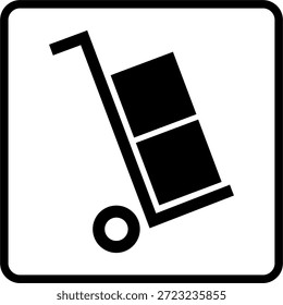 Icono blanco y negro simple de un camión de mano que lleva cajas apiladas. Representa el manejo de materiales, el trabajo de almacén, la logística, la entrega y las actividades de carga. Diseño plano mínimo, aislado sobre un fondo blanco, totalmente editable y adecuado para impresión y uso digital.